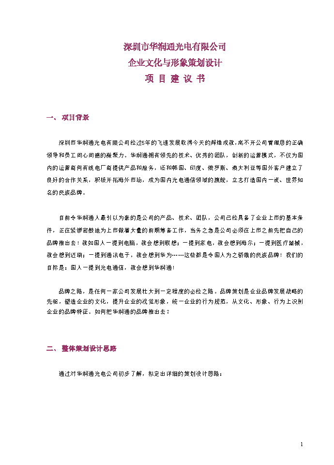 深圳市华润通光电有限公司 企业文化与形象策划设计项目建议书DOC插图